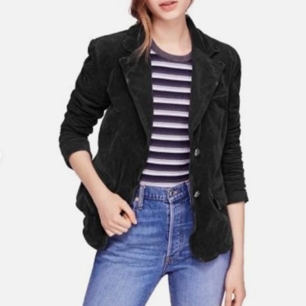 Free People Byron Corduroy Blazer Womens XS‎ Black Crested Button Dark Academia